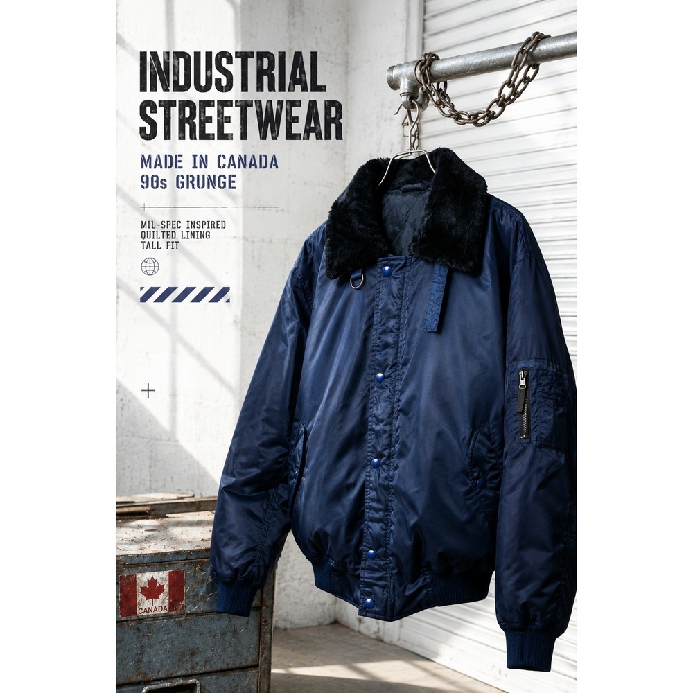 Industrial Streetwear Bomber Made in Canada, Quilted Lining, Tall Fit 90s Grunge